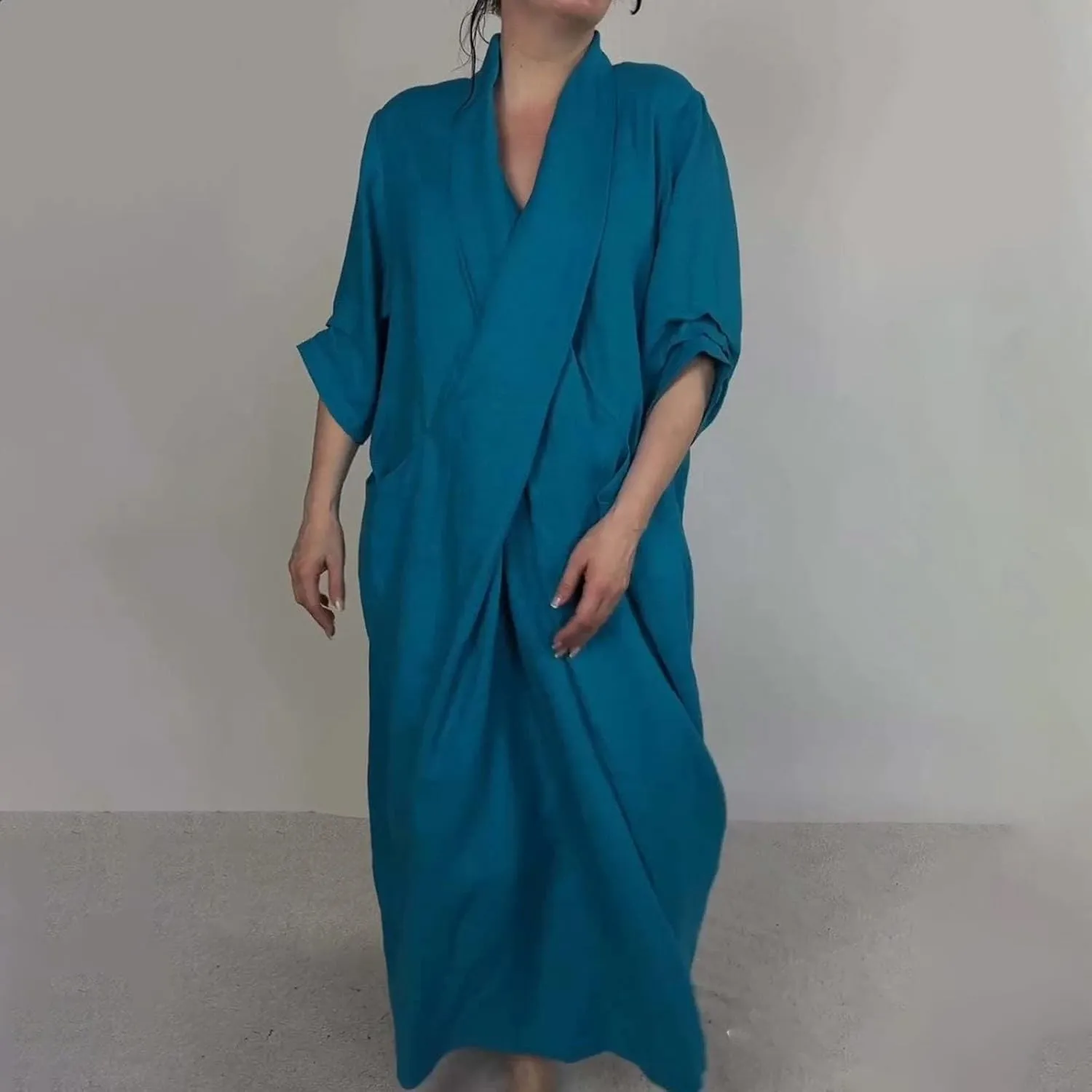 Boho Maxi Dress with Pockets Cozy Cotton Linen V Neck Slit Skirt Casual Loose Dress for Women Rose