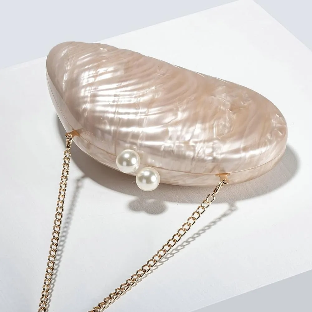 Trendy Marble Clutch Evening Purse for Women Premium Acrylic Material Handbag for Wedding Party Prom Shell Shaped Bag