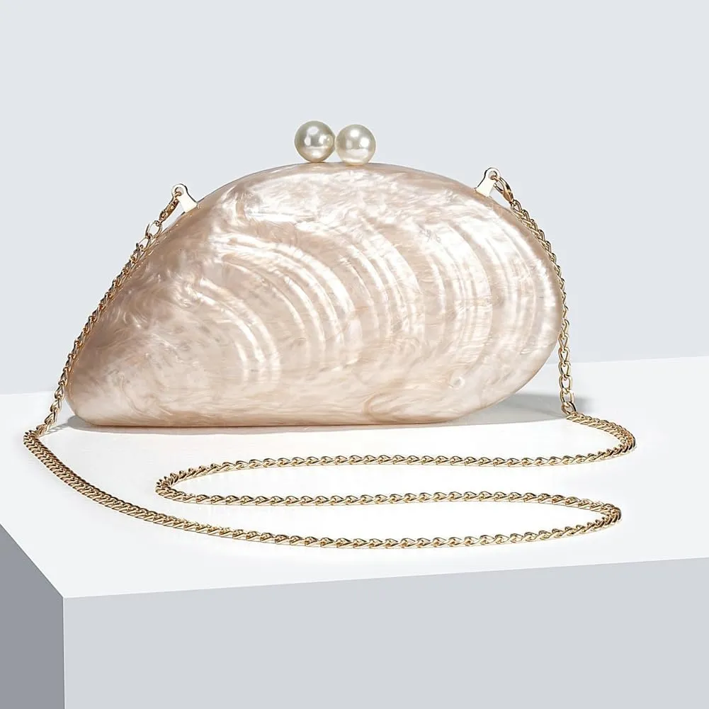 Trendy Marble Clutch Evening Purse for Women Premium Acrylic Material Handbag for Wedding Party Prom Shell Shaped Bag