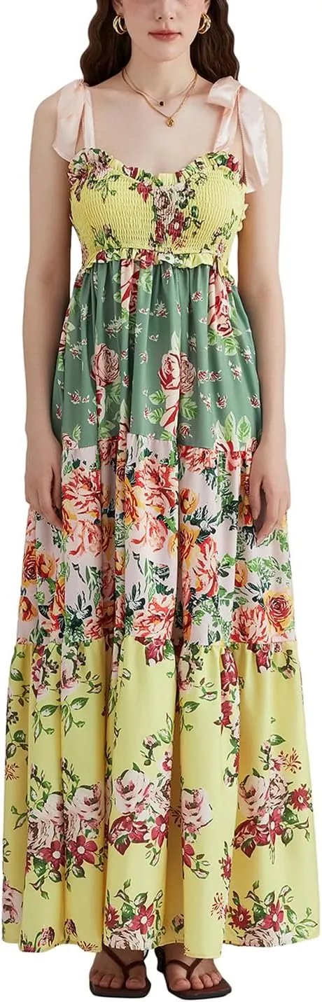 Women Flowy Smocked Tie Shoulder Maxi Dress Boho Summer Beach Floral Long Dress Y2K Sleeveless Square Neck Sundress