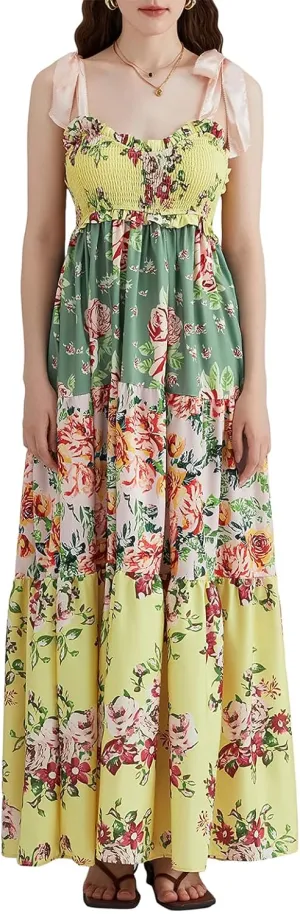 Women Flowy Smocked Tie Shoulder Maxi Dress Boho Summer Beach Floral Long Dress Y2K Sleeveless Square Neck Sundress