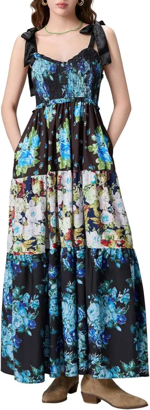Women Flowy Smocked Tie Shoulder Maxi Dress Boho Summer Beach Floral Long Dress Y2K Sleeveless Square Neck Sundress