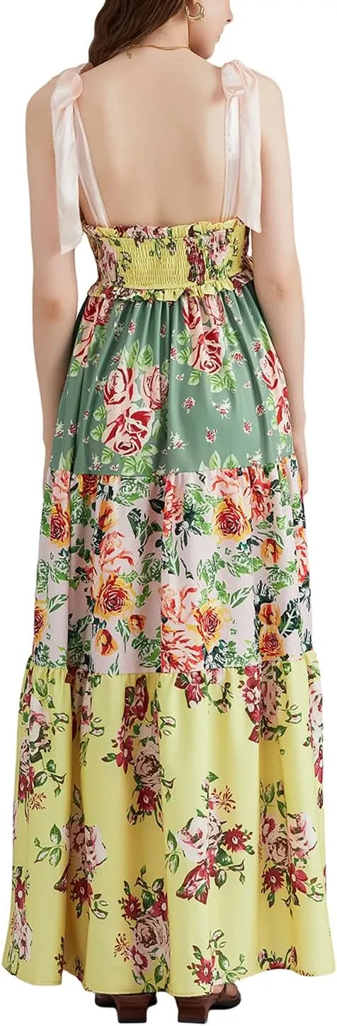 Women Flowy Smocked Tie Shoulder Maxi Dress Boho Summer Beach Floral Long Dress Y2K Sleeveless Square Neck Sundress