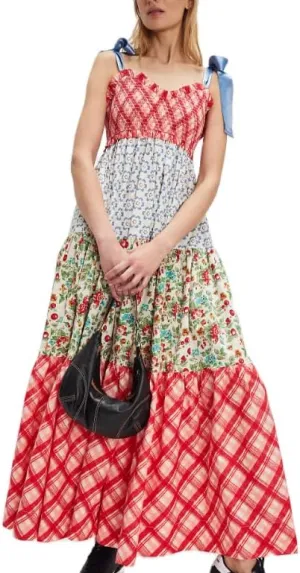 Women Flowy Smocked Tie Shoulder Maxi Dress Boho Summer Beach Floral Long Dress Y2K Sleeveless Square Neck Sundress