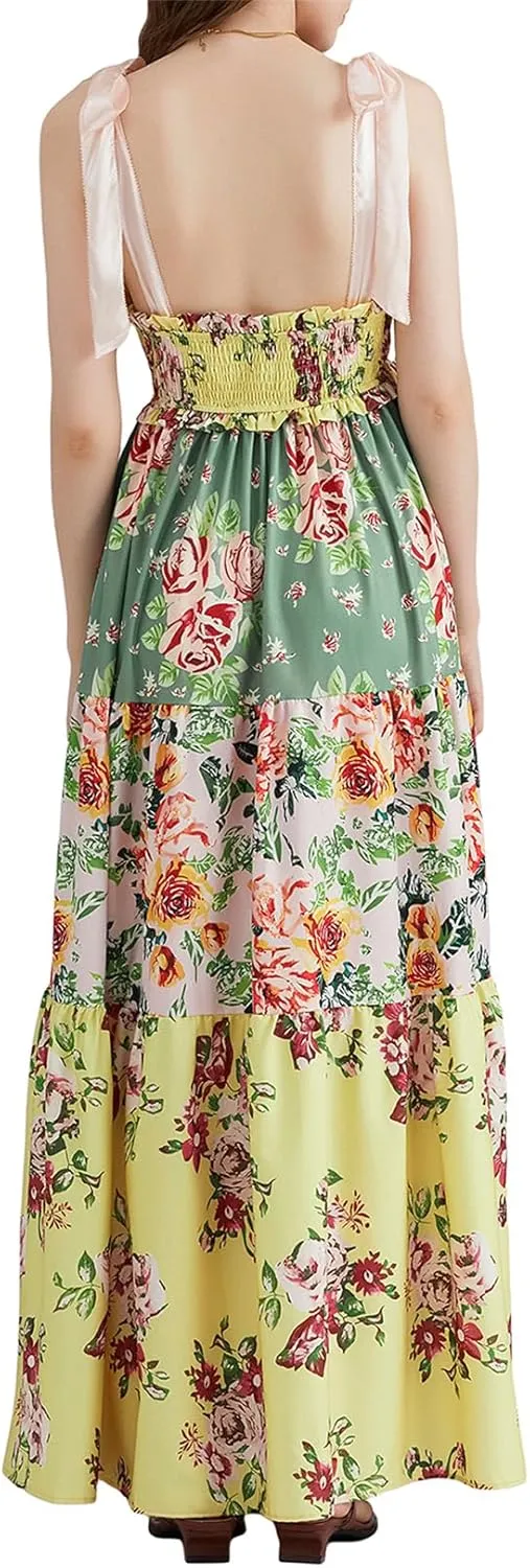Women Flowy Smocked Tie Shoulder Maxi Dress Boho Summer Beach Floral Long Dress Y2K Sleeveless Square Neck Sundress