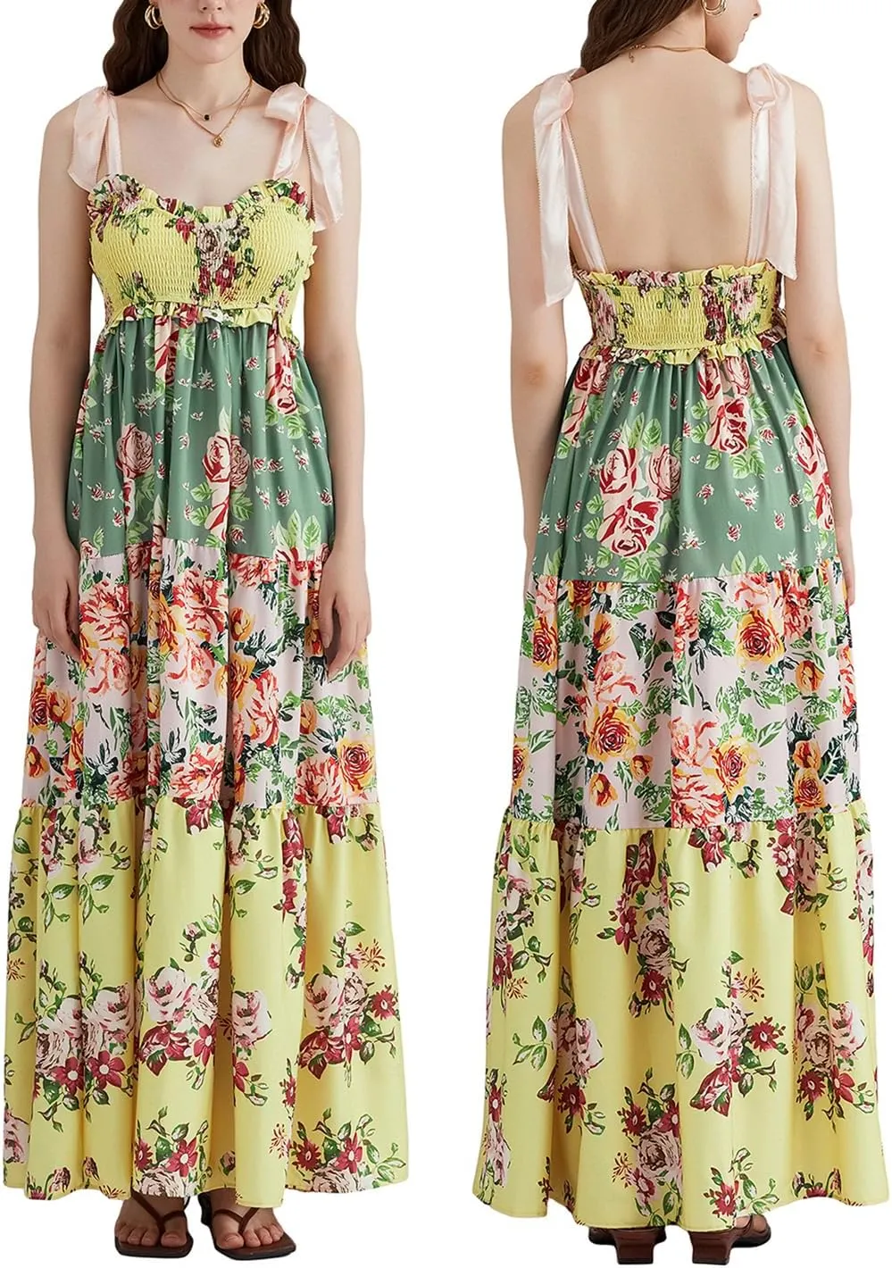 Women Flowy Smocked Tie Shoulder Maxi Dress Boho Summer Beach Floral Long Dress Y2K Sleeveless Square Neck Sundress
