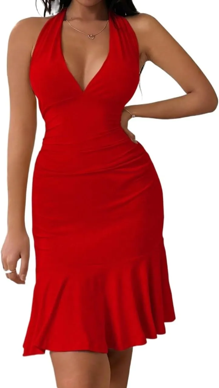 Women's Ruffle Tight-Fitting Tie Halter Backless Summer Dress Fashion Short Dresses for Women