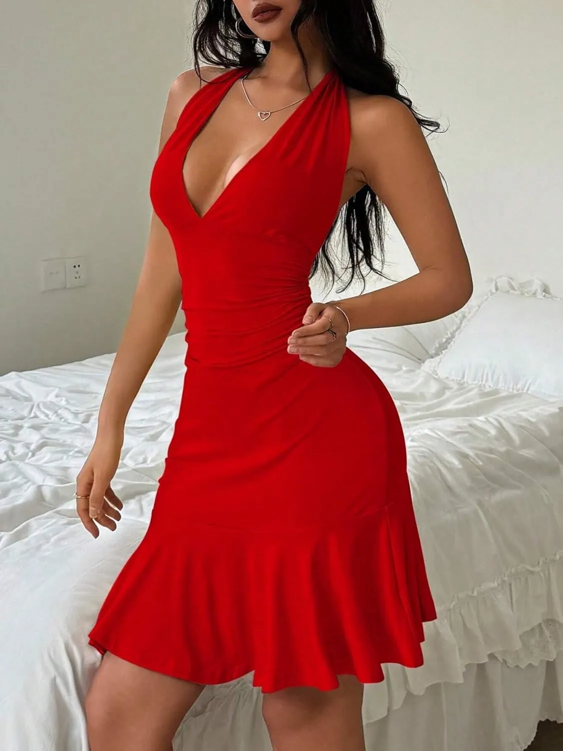 Women's Ruffle Tight-Fitting Tie Halter Backless Summer Dress Fashion Short Dresses for Women