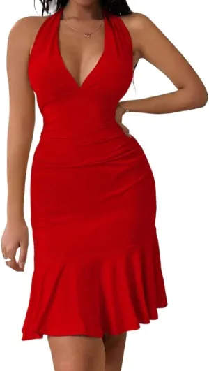 Women's Ruffle Tight-Fitting Tie Halter Backless Summer Dress Fashion Short Dresses for Women