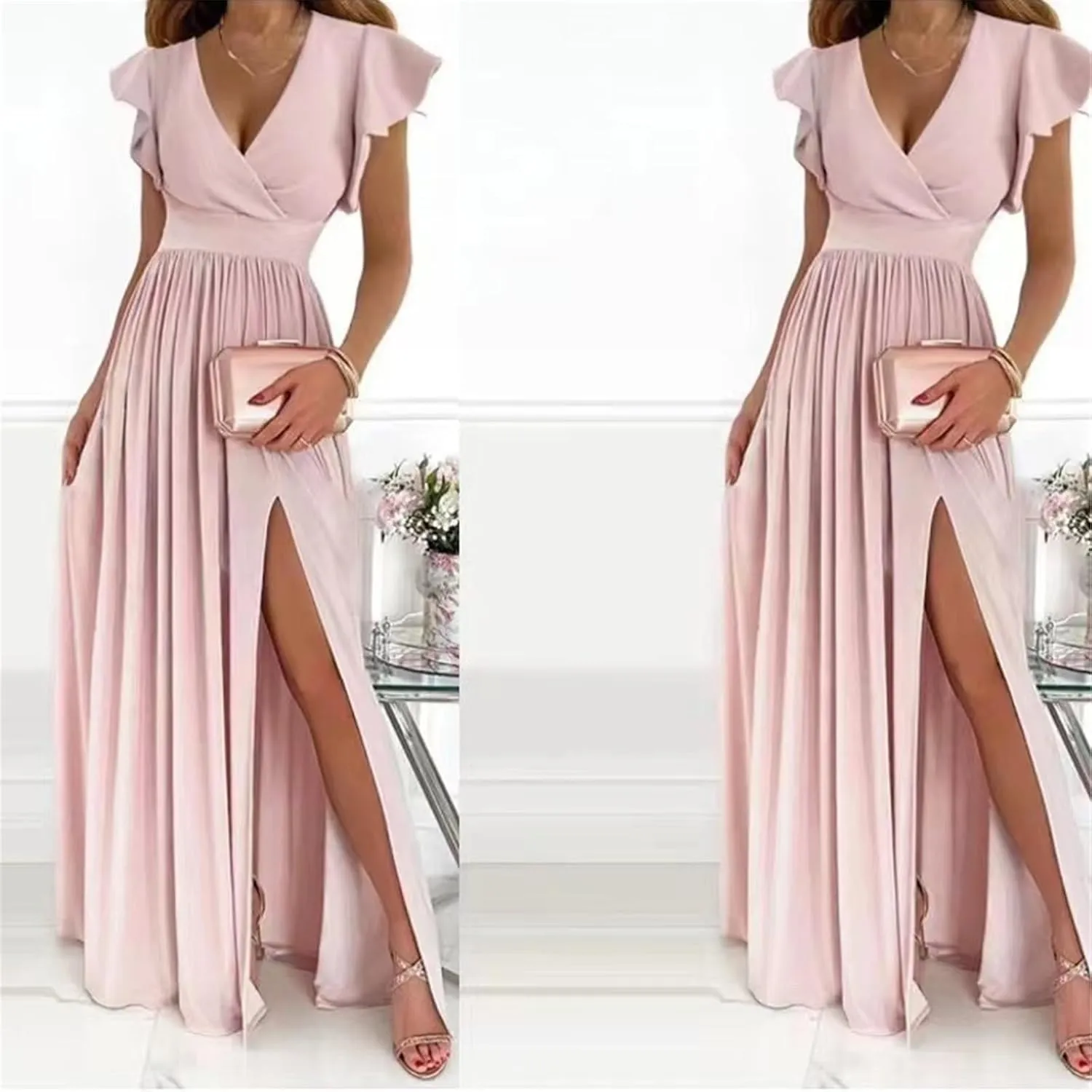 Women's Wedding Bridesmaid Dresses Short Sleeve Solid Color V-Neck Tight Waist Casual Evening Gowns