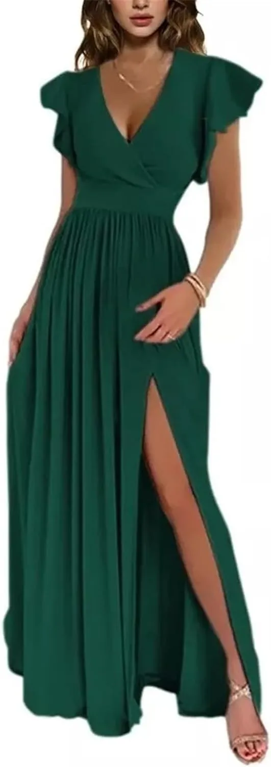 Women's Wedding Bridesmaid Dresses Short Sleeve Solid Color V-Neck Tight Waist Casual Evening Gowns