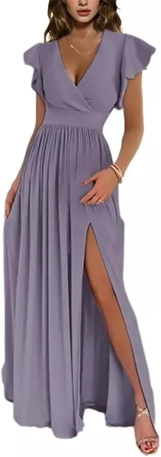 Women's Wedding Bridesmaid Dresses Short Sleeve Solid Color V-Neck Tight Waist Casual Evening Gowns