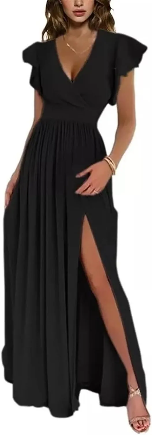 Women's Wedding Bridesmaid Dresses Short Sleeve Solid Color V-Neck Tight Waist Casual Evening Gowns