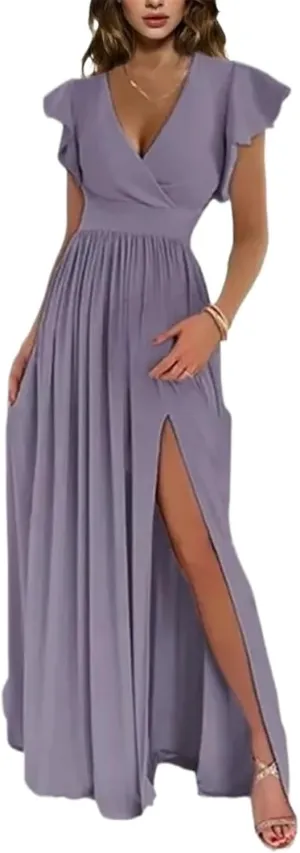 Women's Wedding Bridesmaid Dresses Short Sleeve Solid Color V-Neck Tight Waist Casual Evening Gowns
