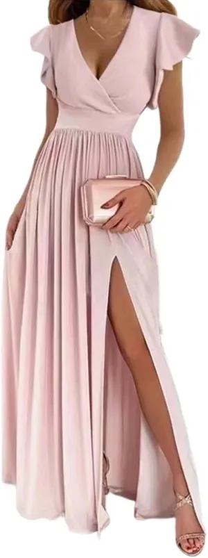Women's Wedding Bridesmaid Dresses Short Sleeve Solid Color V-Neck Tight Waist Casual Evening Gowns